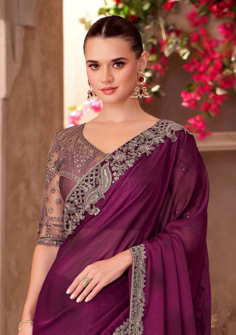Wine Emboidered Satin Saree Set - Indya
