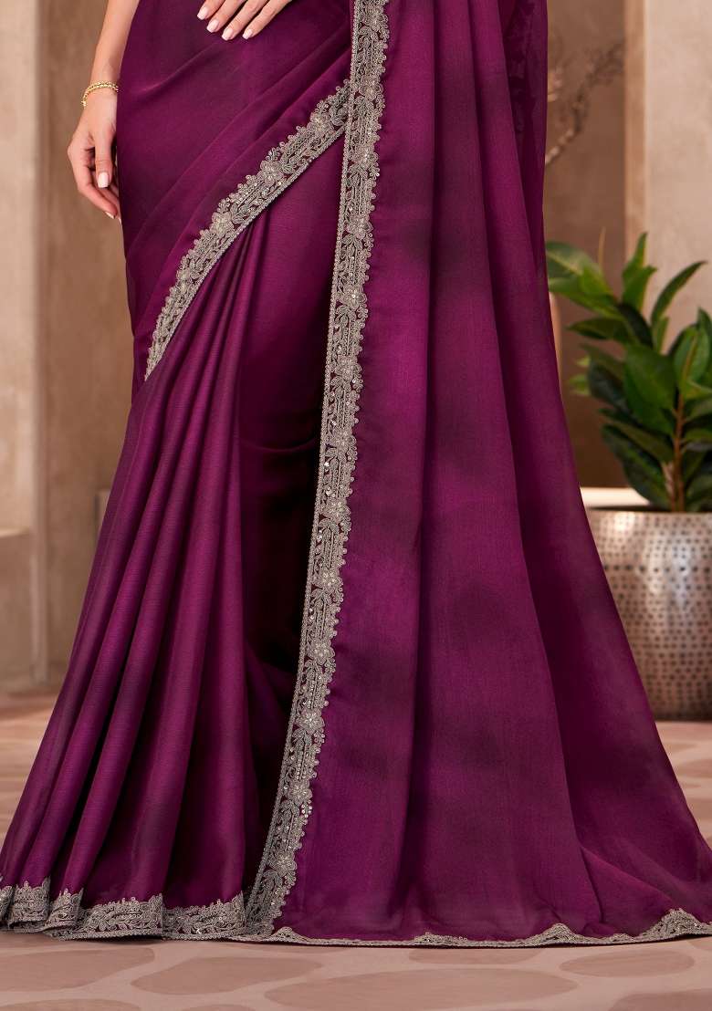 Wine Emboidered Satin Saree Set - Indya