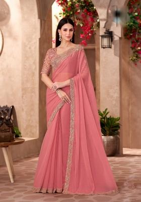 Peach Emboidered Georgette Saree Set