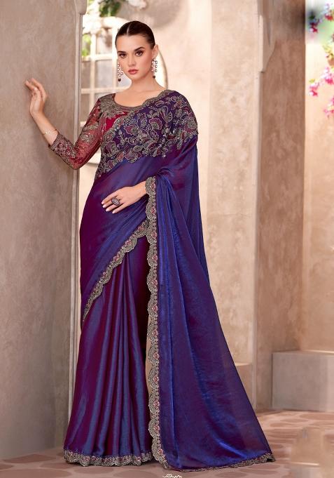 Purple Emboidered Georgette Saree Set