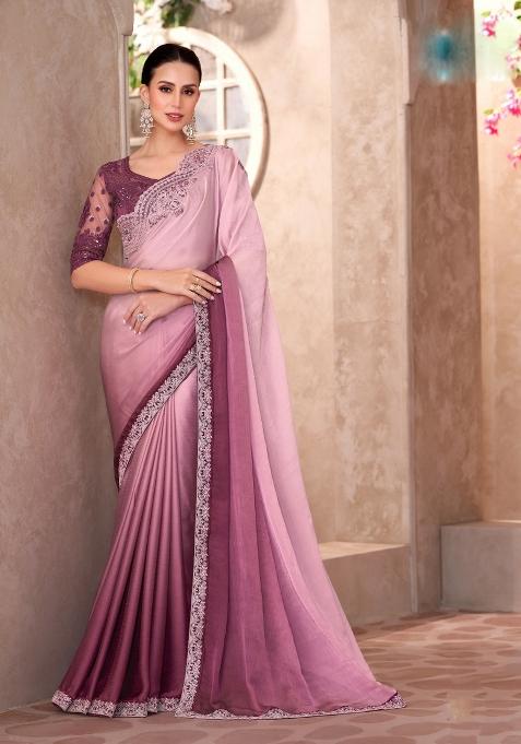 Mauve Emboidered Chiffon Saree Set