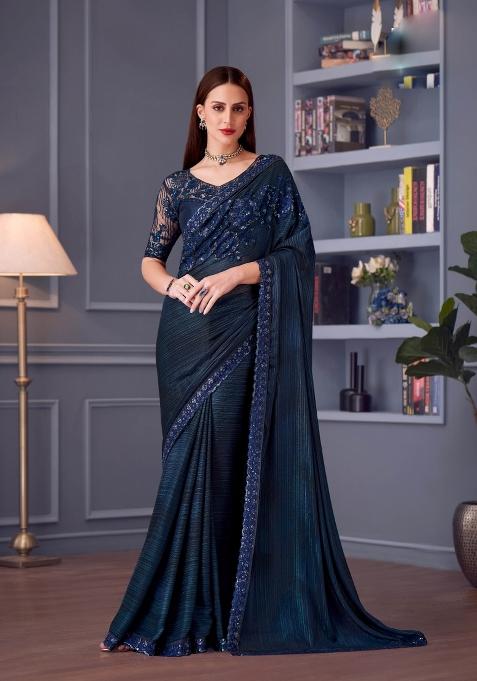 Blue Emboidered Silk Saree Set