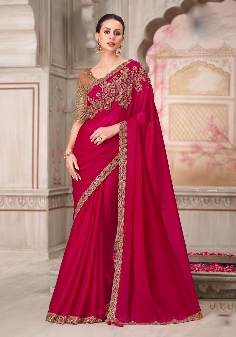 Magenta Emboidered Silk Saree Set