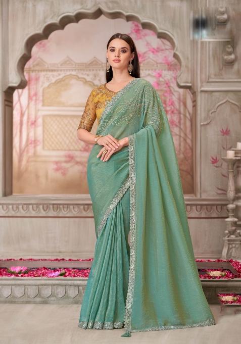 Mint Emboidered Silk Saree Set