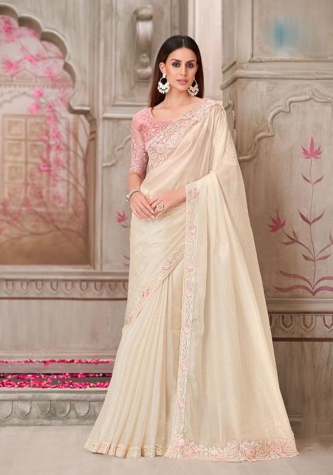 Cream Emboidered Silk Saree Set