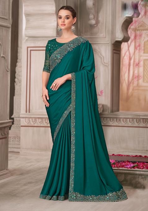 Teal Emboidered Silk Saree Set