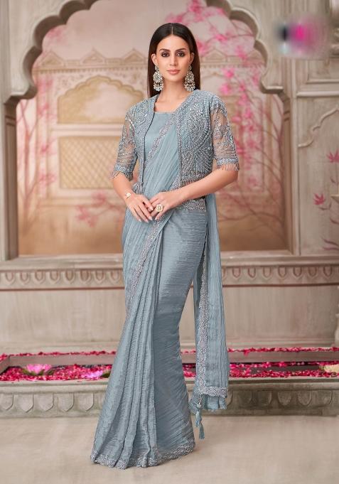Sky Blue Emboidered Silk Saree Set