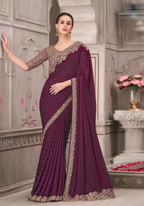 Wine Emboidered Silk Saree Set