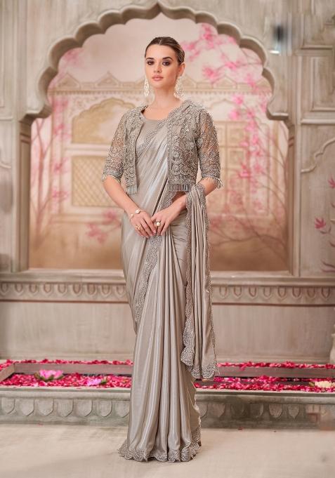 Silver Emboidered Silk Blend Saree Set