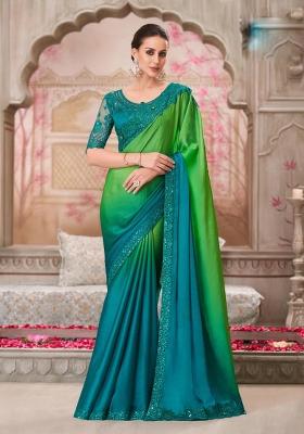 Sea Green Emboidered Silk Blend Saree Set