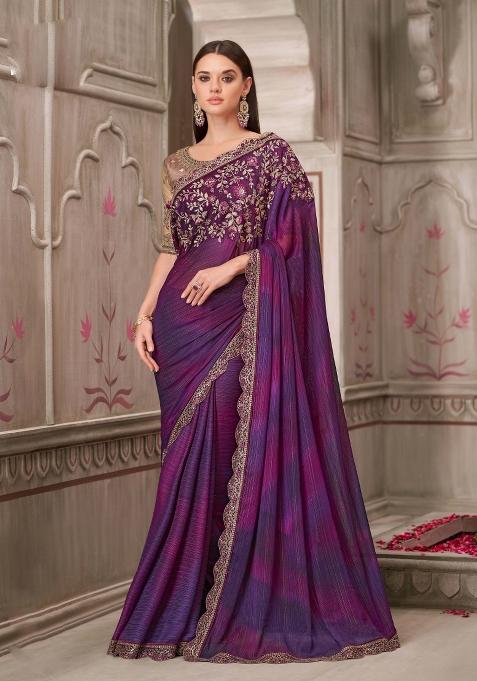 Purple Emboidered Silk Saree Set
