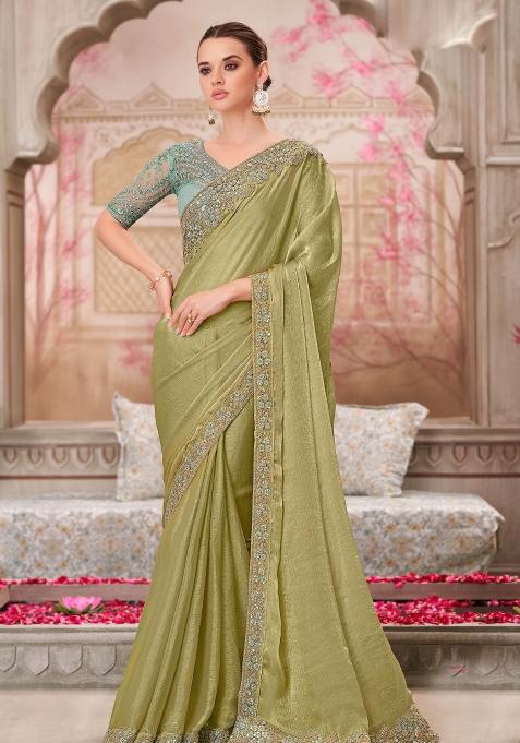 Pista Emboidered Silk Saree Set