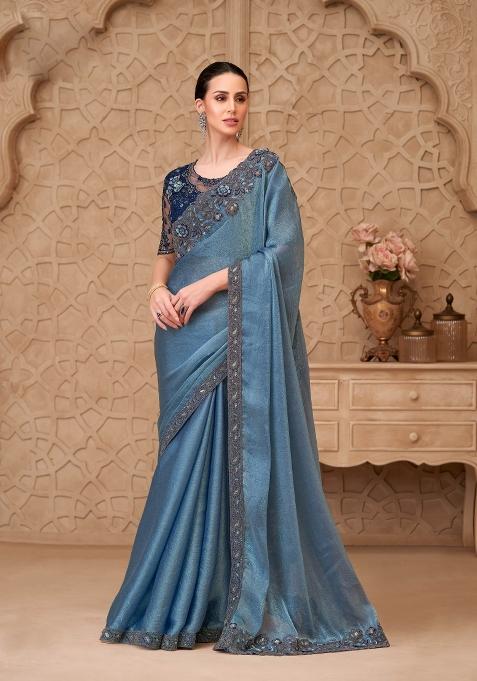 Blue Emboidered Satin Saree Set