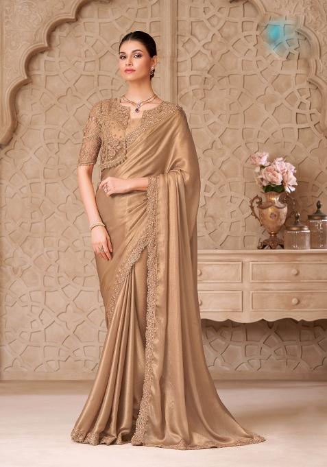 Beige Emboidered Georgette Saree Set