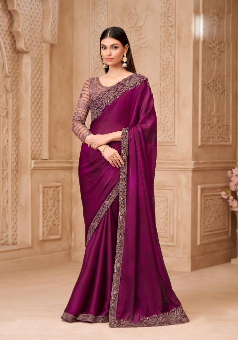 Wine Emboidered Georgette Saree Set