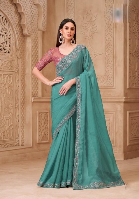 Sea Green Emboidered Satin Saree Set