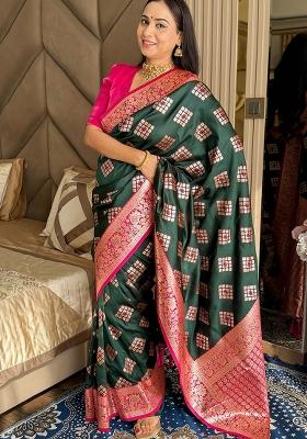 Dark Green Banarasi Silk Blend Saree Set