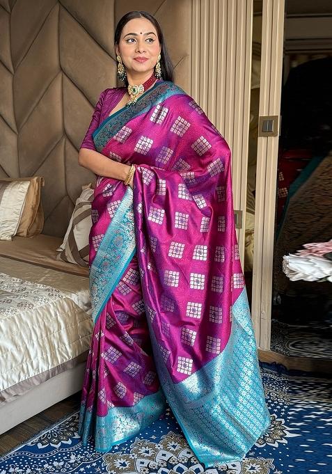 Purple Banarasi Silk Saree Set