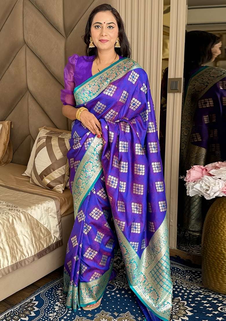 Violet Banarasi Silk Blend Saree Set - Indya
