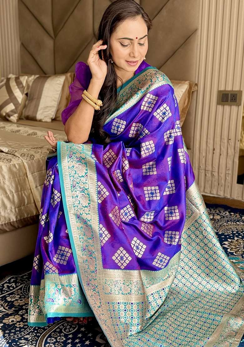 Violet Banarasi Silk Blend Saree Set - Indya