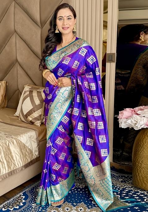 Violet Banarasi Silk Blend Saree Set