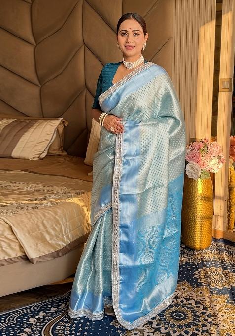 Blue Banarasi Silk Blend Saree Set