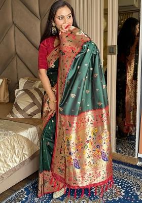 Dark Green Paithani Silk Blend Saree Set