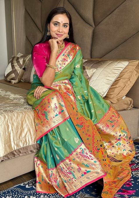 Parrot Green Paithani Silk Saree Set