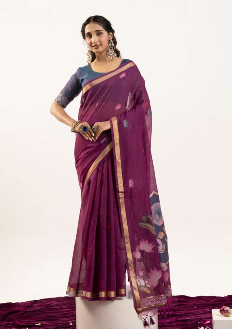 Wine Solid Cotton Blended Saree Set for Diwali and Festive Wear - Indya