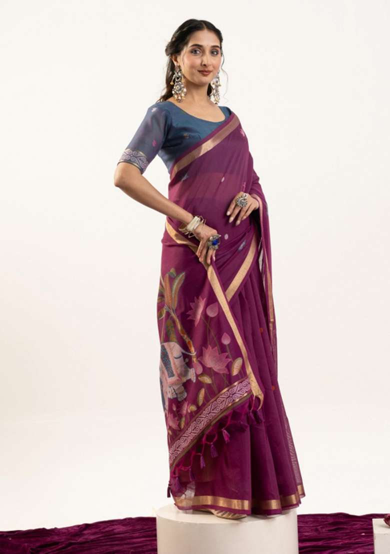 Wine Solid Cotton Blended Saree Set for Diwali and Festive Wear - Indya