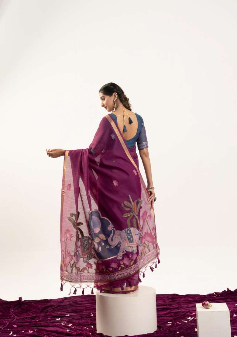 Wine Solid Cotton Blended Saree Set for Diwali and Festive Wear - Indya