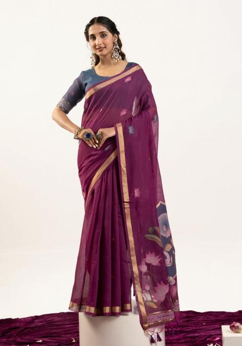 Wine Solid Cotton Blended Saree Set