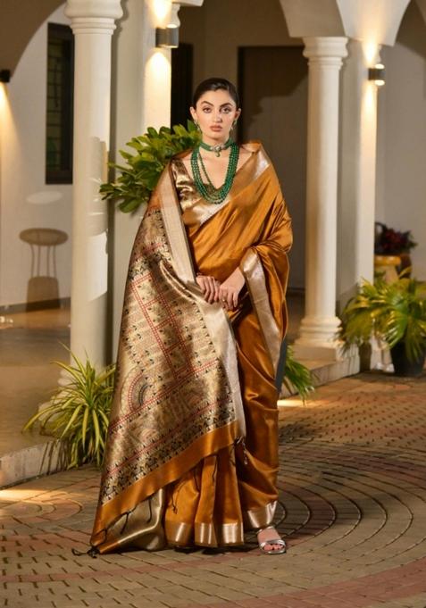 Gold Solid Silk Saree Set for Diwali | Wedding & Festive Wear