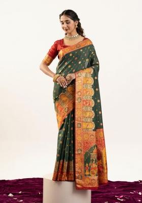 Dark Green Solid Silk Blend Saree Set