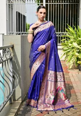 Blue Solid Silk Blend Saree Set