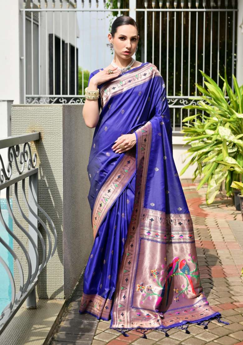 Blue Solid Silk Blend Saree Set - Indya