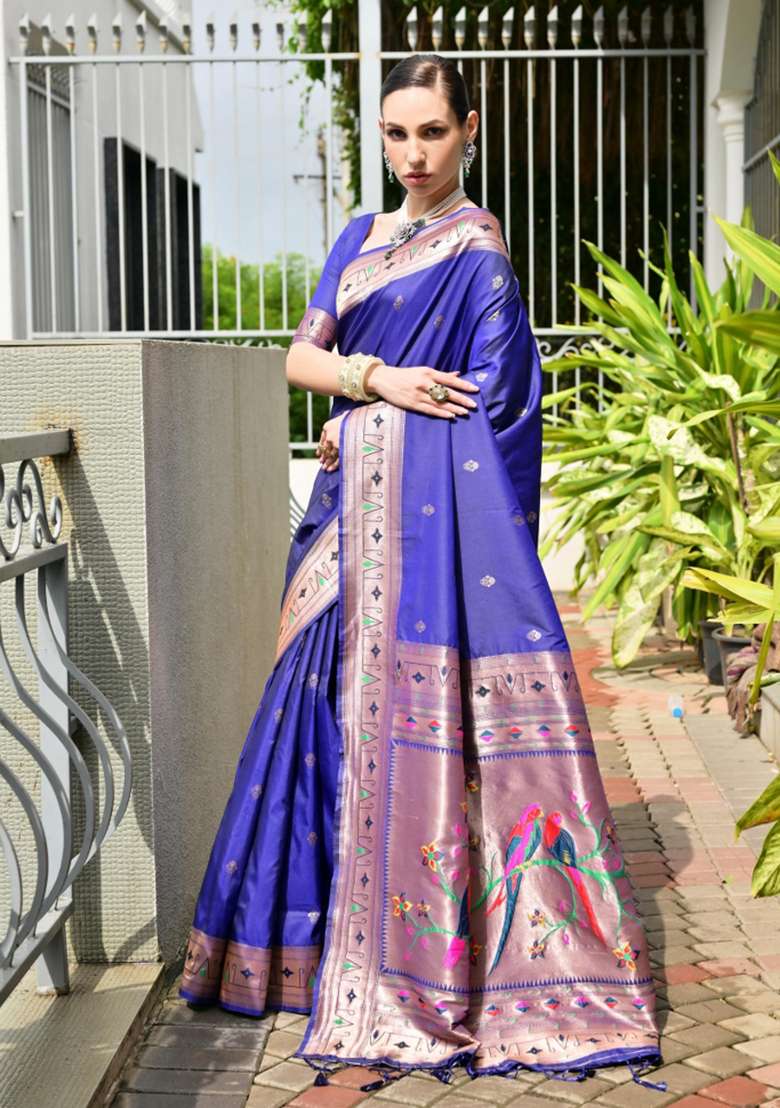 Blue Solid Silk Blend Saree Set - Indya