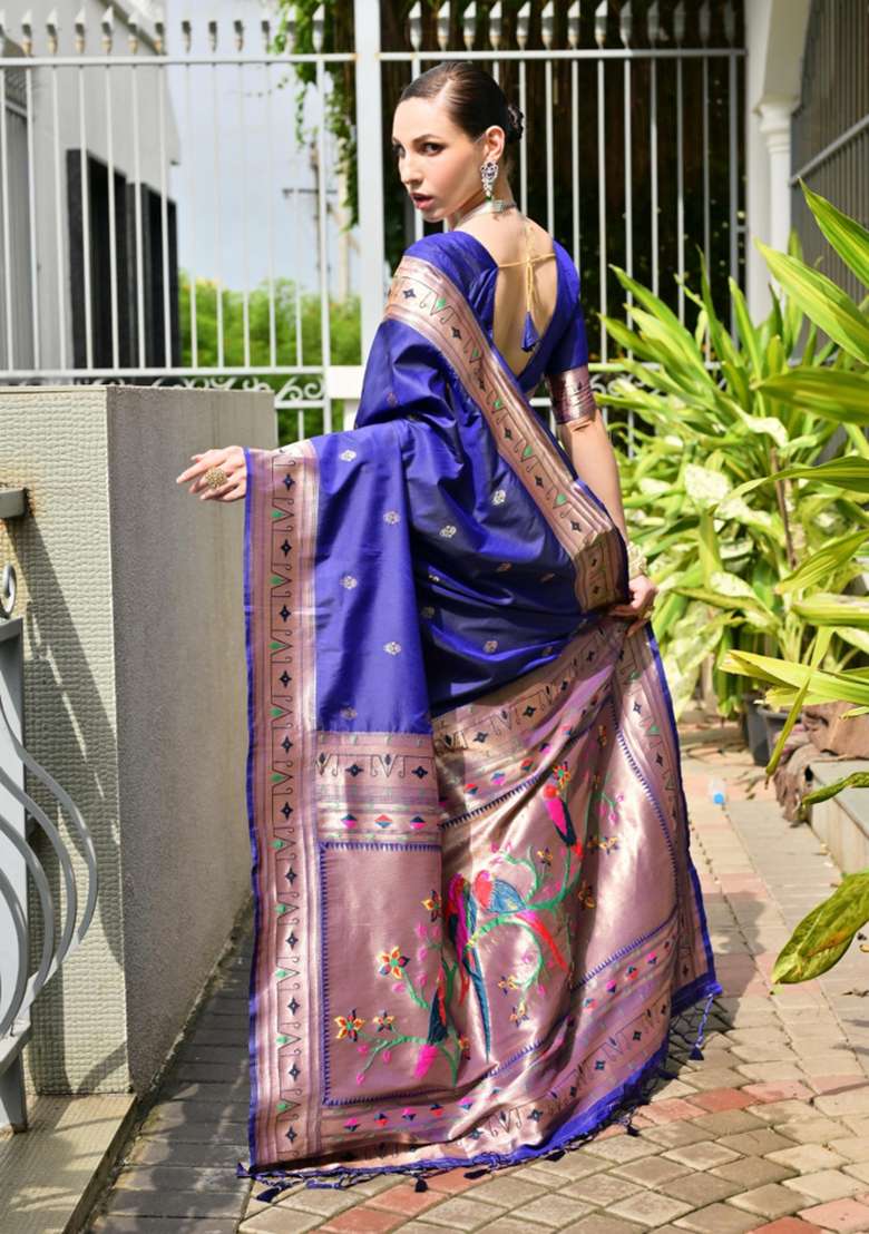 Blue Solid Silk Blend Saree Set - Indya