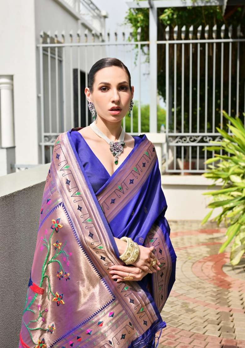 Blue Solid Silk Blend Saree Set - Indya