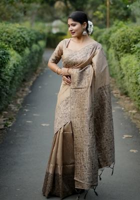 Beige Solid Silk Saree Set