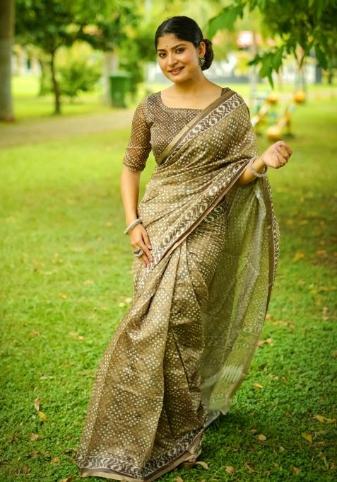 Olive Solid Silk Saree Set