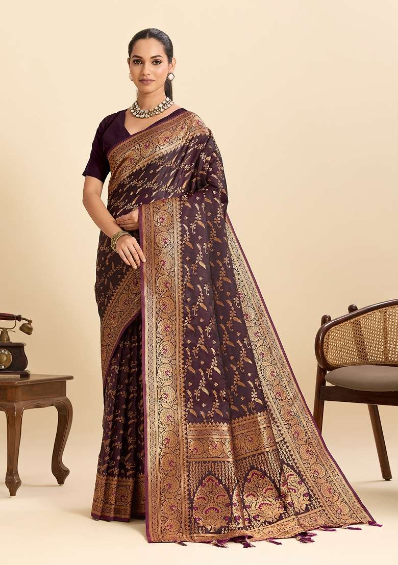 Maroon Solid Silk Saree Set for Diwali | Wedding & Festive Wear - Indya