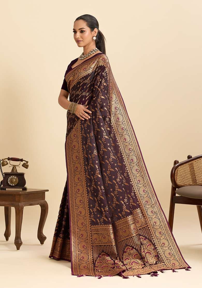 Maroon Solid Silk Saree Set for Diwali | Wedding & Festive Wear - Indya