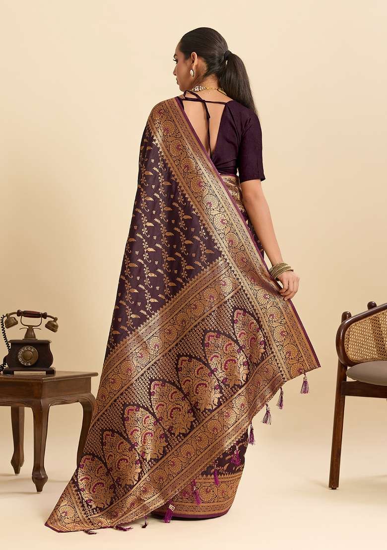 Maroon Solid Silk Saree Set for Diwali | Wedding & Festive Wear - Indya