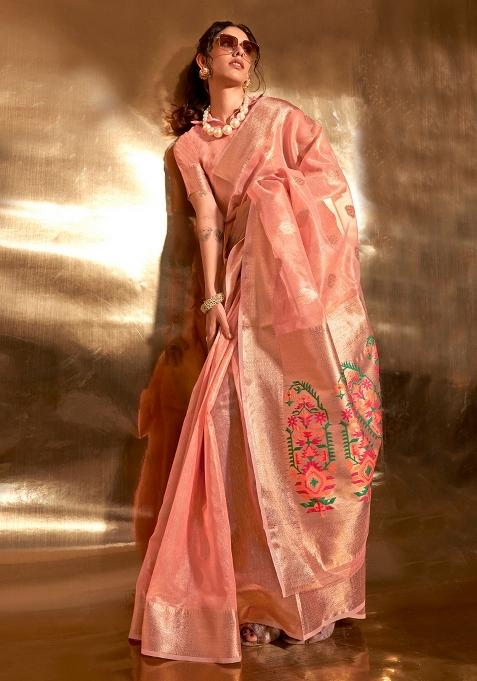 Peach Woven Design Tissue Saree Set — view on Indya