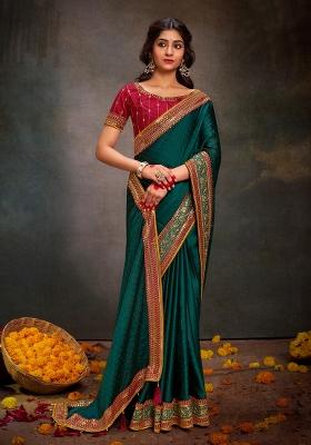 Teal Blue Embroidered Silk Blend Saree Set