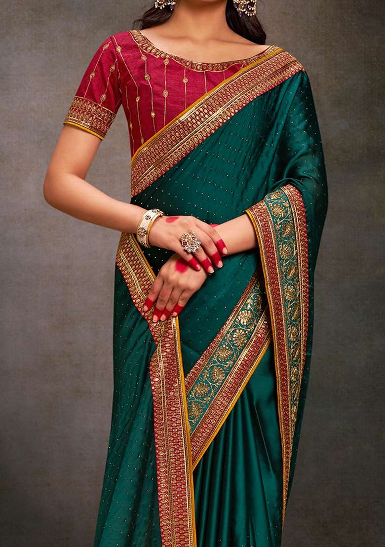Teal Blue Embroidered Silk Blend Saree Set - Indya