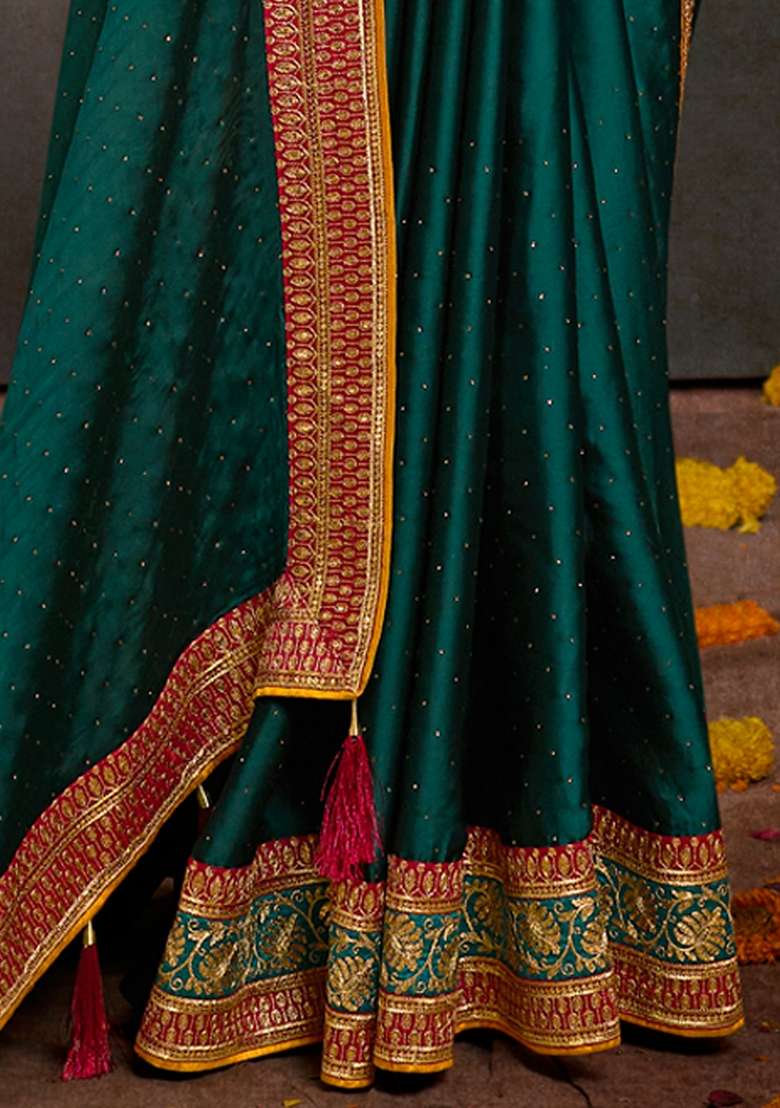 Teal Blue Embroidered Silk Blend Saree Set - Indya