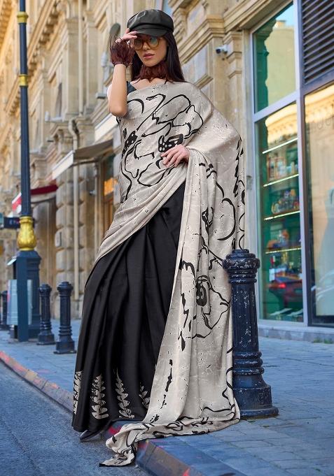 Black Printed Satin Saree Set