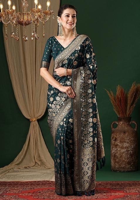 Teal Blue Woven Design Georgette Saree Set — view on Indya